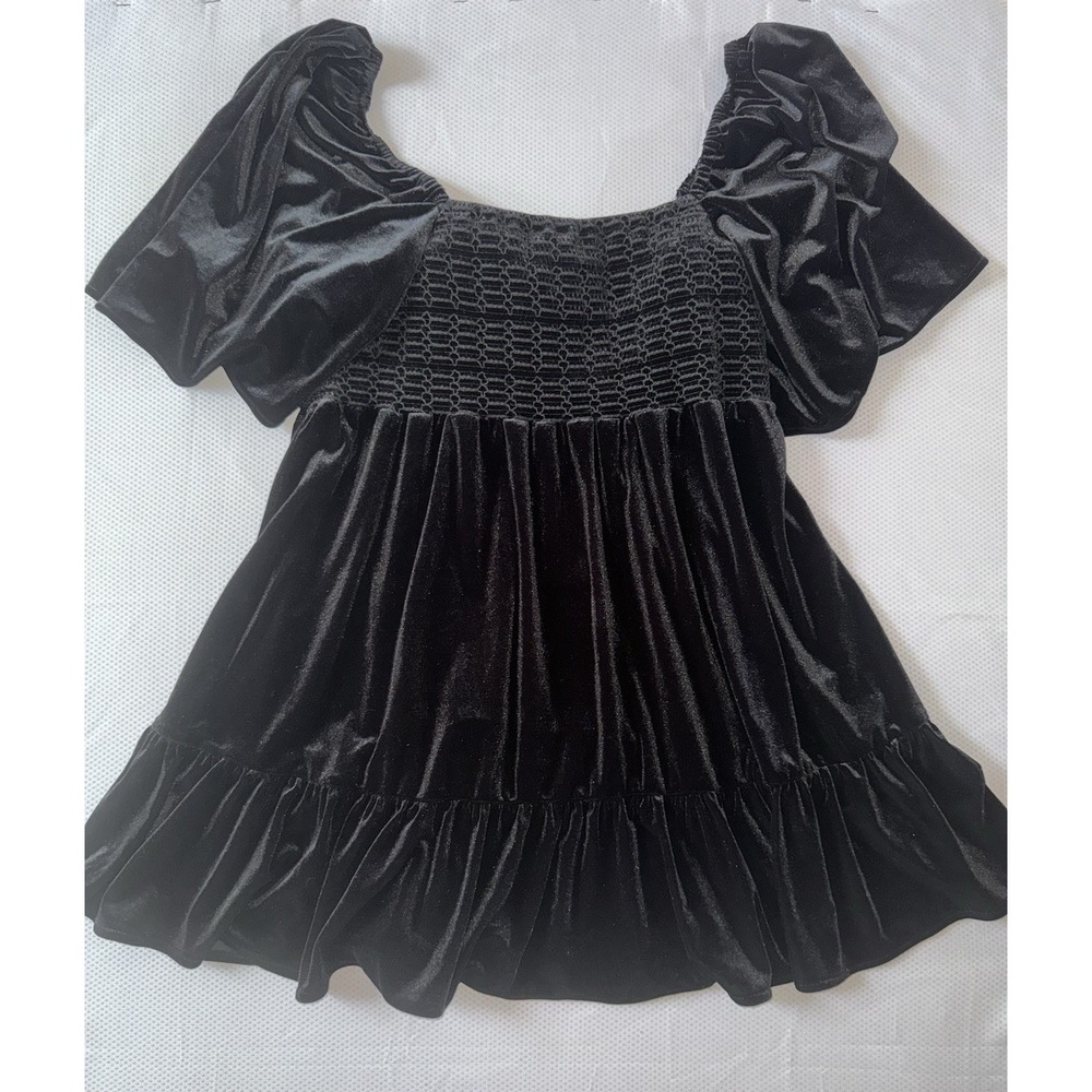 C&V Chelsea & Violet Smocked Ruffle Hem Mini Dress Women's Sz L Black Velvet NWT - Picture 3 of 7